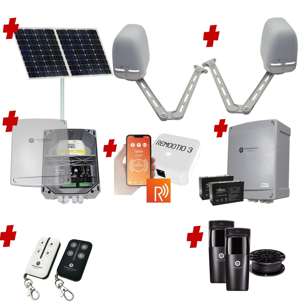Remootio Apache ARTICULATING Italian Solar Powered Automatic Double Swing Driveway Gate Opener 24 Volt Kit ROBUST Heavy Duty Design