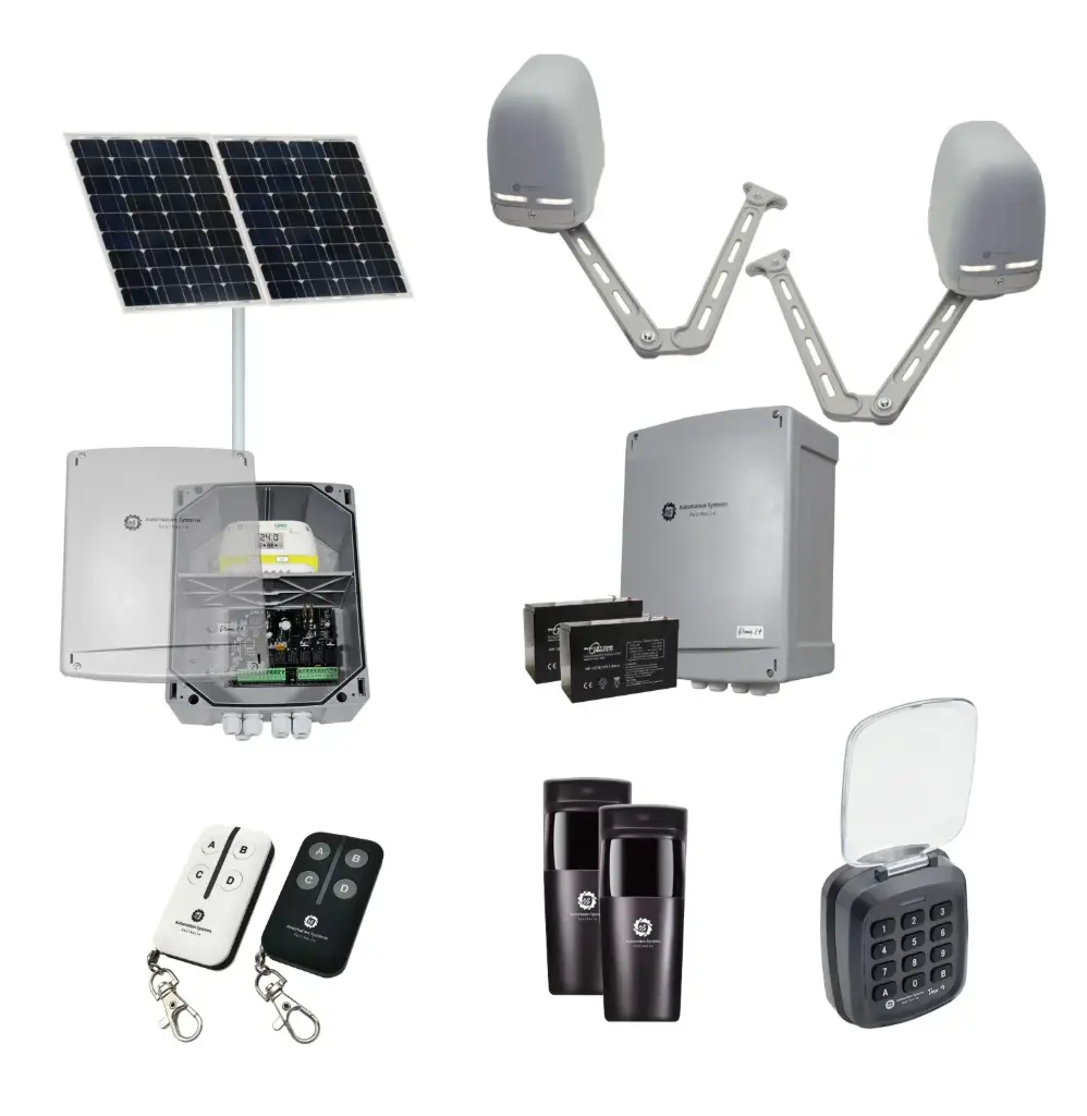 Apache ARTICULATING Italian Solar Powered Automatic Double Swing Driveway Gate Opener 24 Volt Kit ROBUST Heavy Duty Design with Keypad Pin Code