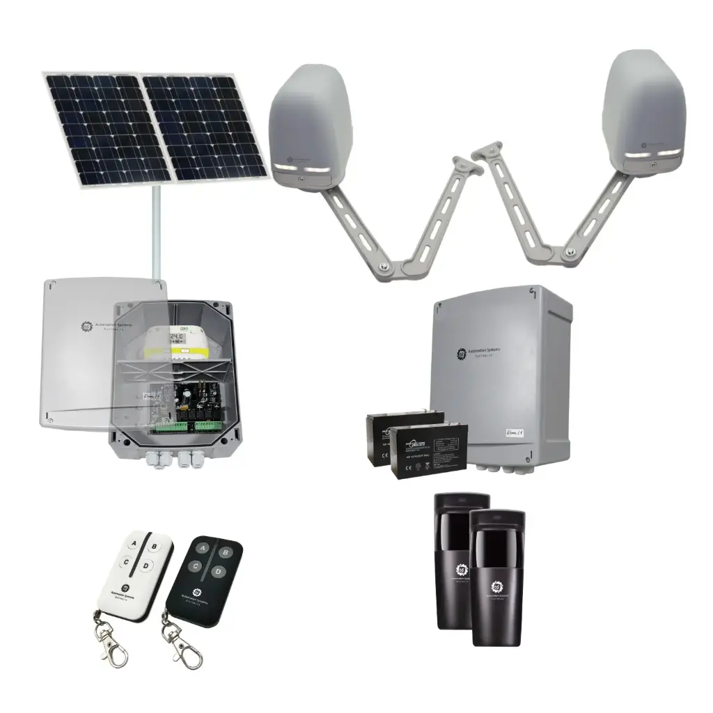 Apache ARTICULATING Italian Solar Powered Automatic Double Swing Driveway Gate Opener 24 Volt Kit ROBUST Heavy Duty Design for Trade Installers