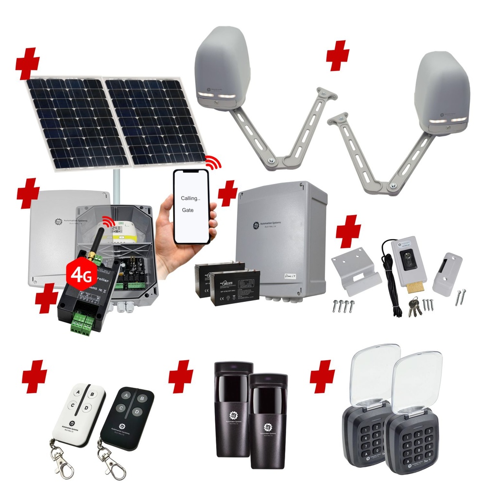Apache ARTICULATING Italian Solar Powered Automatic Double Swing Driveway Gate Opener 24 Volt Kit ROBUST Heavy Duty Design with Wifi Mobile App Control and Keypad Entry