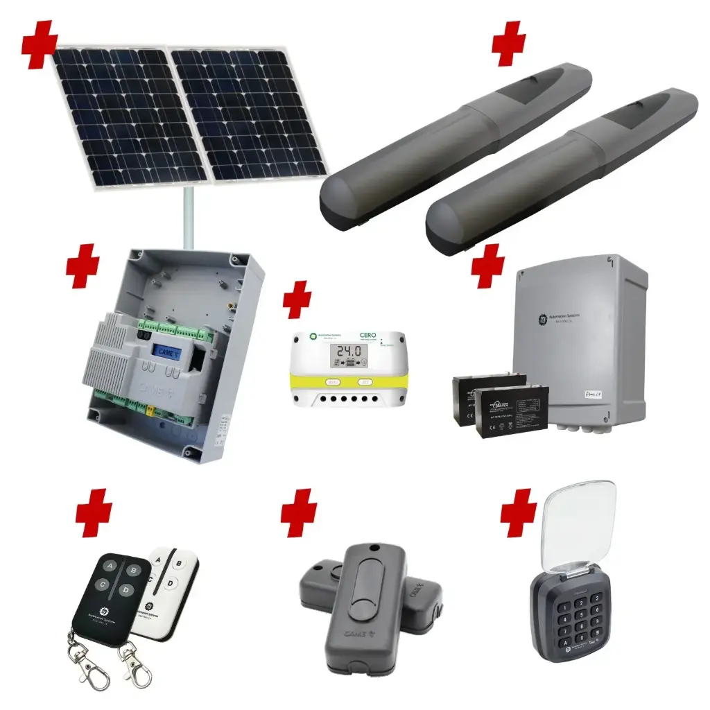 Solar Powered Double Swing Gate Automation Access Secure Kit Super Duty Linear Actuator with Limit Stops and Encoder Made in Italy