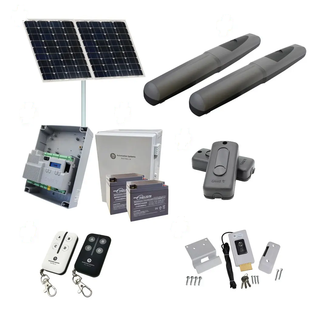 AXO 3 Super Duty Commercial Solar Powered Automatic Double Swing Driveway Gate Opener 24 Volt Kit ROBUST Heavy Duty Design for Trade Installers
