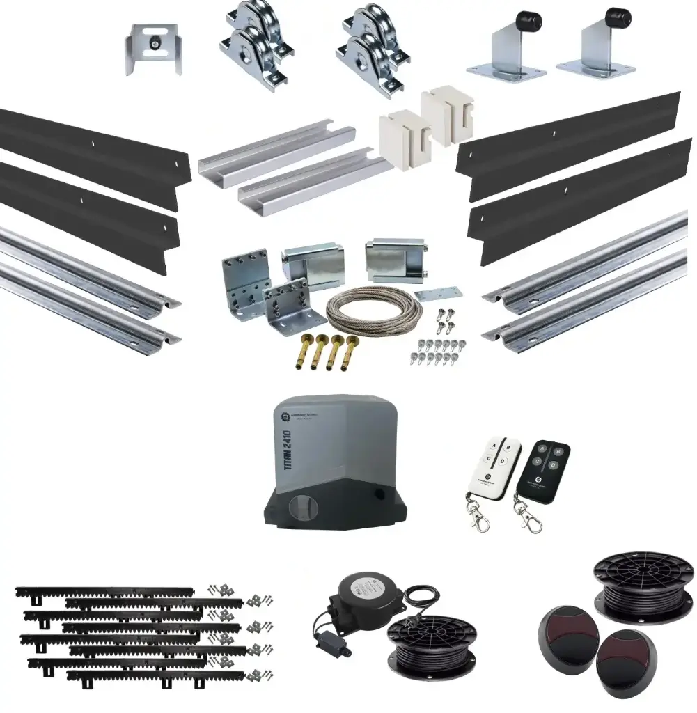 Complete Automatic Telescopic Sliding Gate System (Master and Trailing Sliding Gates) With Hardware Kit and Titan Low Voltage Sliding Gate Motor