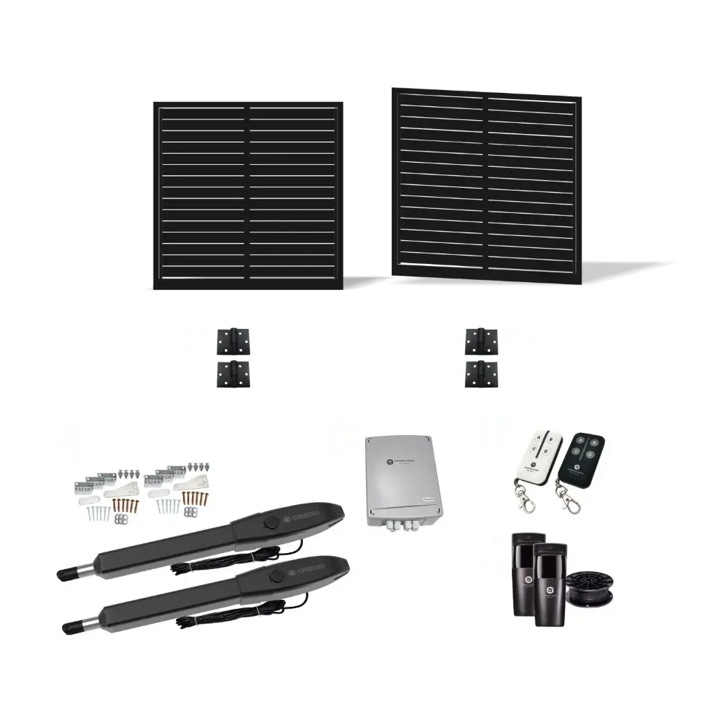 3000mm Double Swing Driveway Gates Opening (1200mm H) 3.0×1.2m Horizontal Slat Gate + Hinges (Satin Black Powder Coat)with Double Swing automatic gate motor 