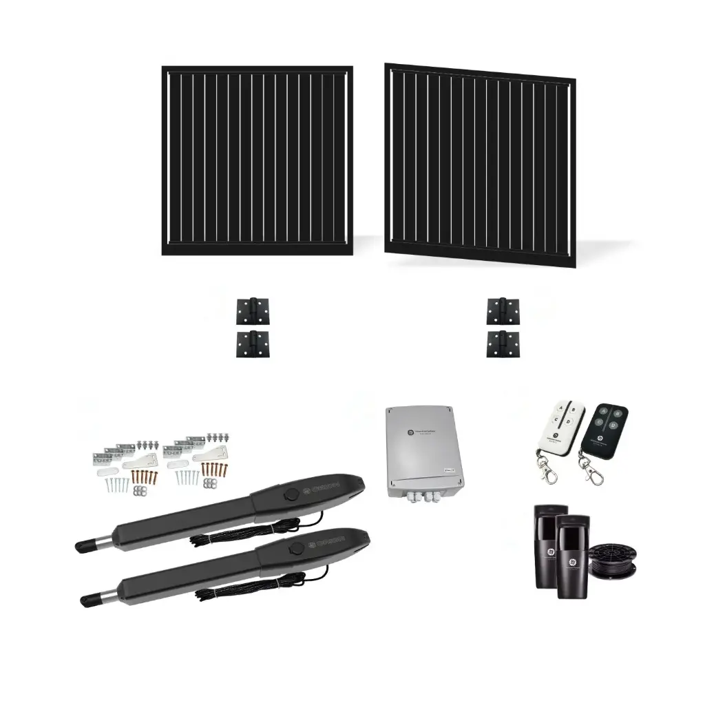 4200mm Double Swing Driveway Gates Opening (1500mm H) 4.2×1.5m Vertical Slat Gate + Hinges (Satin Black Powder Coat) with Double Swing automatic gate motor