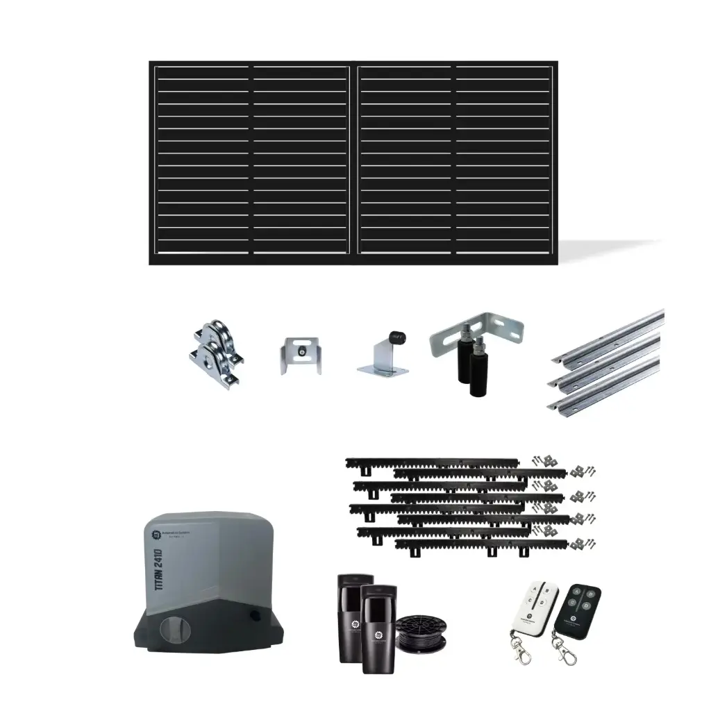 Up to 3200mm / 3.2m Opening (1200mm H) 3.6×1.2m Horizontal Slat Sliding Driveway Gate Package (Satin Black Powder Coat) with extra heavy duty 24v sliding gate motor