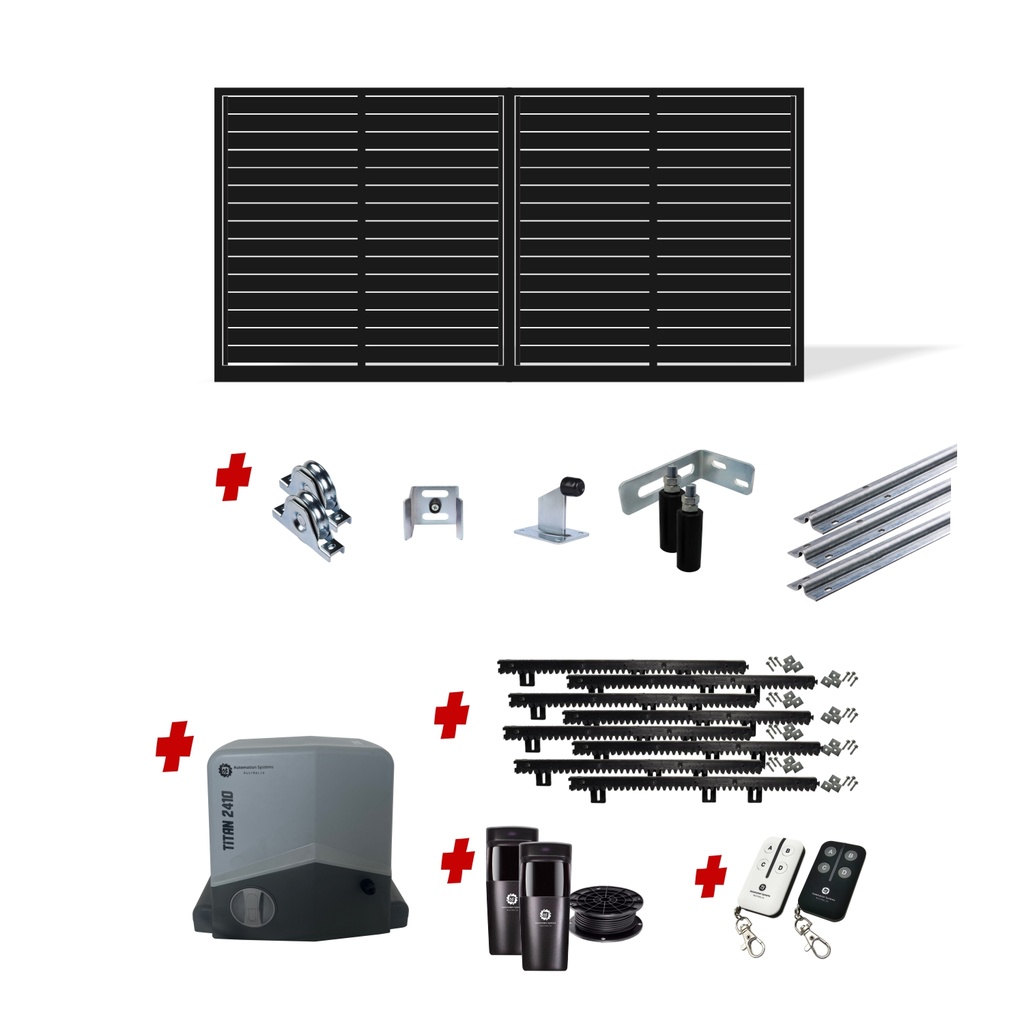 Up to 4200mm / 4.2m Opening (1800mm H) 4.6×1.8m Horizontal Slat Sliding Driveway Gate Package (Satin Black Powder Coat) with extra heavy duty 24v sliding gate motor