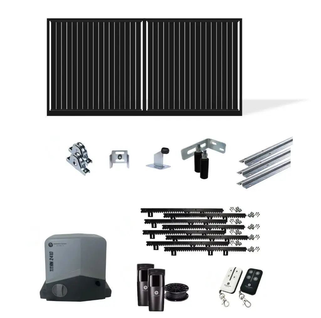 Up to 4200mm / 4.2m Opening (1800mm H) 4.6×1.8m Vertical Slat Sliding Driveway Gate Package (Satin Black Powder Coat) with extra heavy duty 24v sliding gate motor