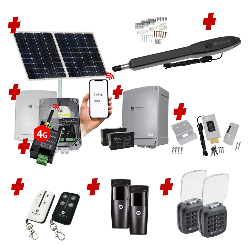 Orion LS Solar Powered Automatic Swing Driveway Gate Opener 24 Volt Kit Slimline Compact Design with Wifi Mobile App Control and Keypad Entry Exit