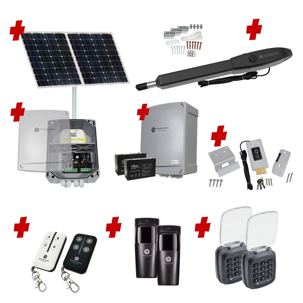 Orion LS Solar Powered Automatic Swing Driveway Gate Opener 24 Volt Kit Slimline Compact Design with TWO Keypads Entry Exit