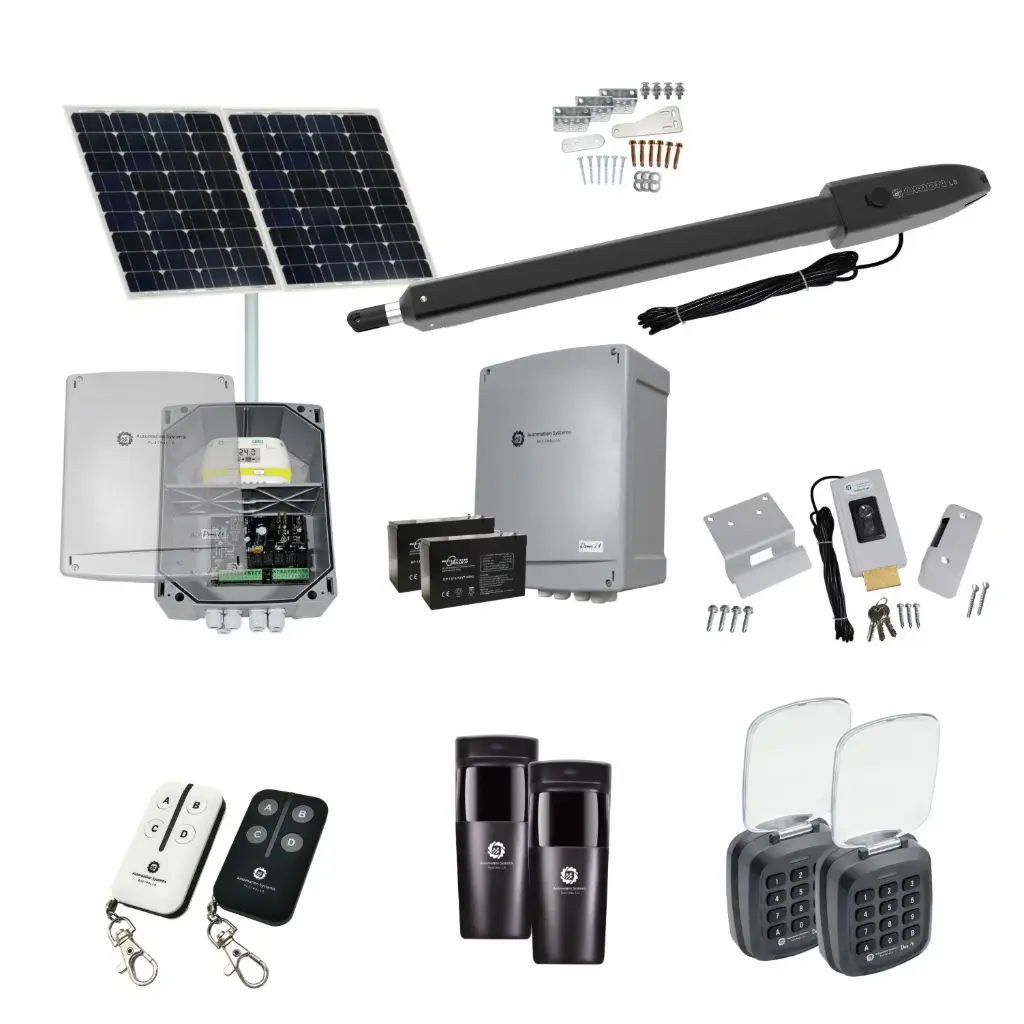 Orion LS Solar Powered Automatic Swing Driveway Gate Opener 24 Volt Kit Slimline Compact Design with TWO Keypads Entry Exit