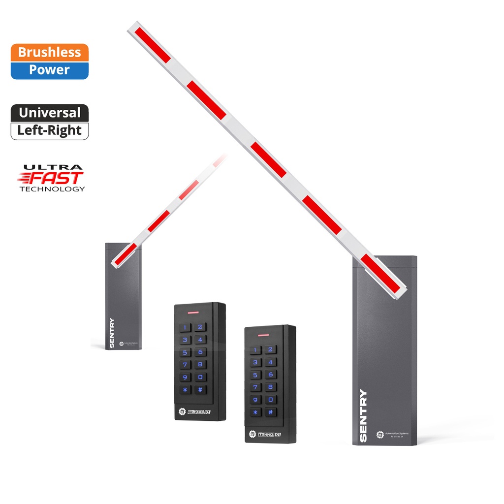 SENTRY BRUSHLESS Electric Automatic Boom Barrier Gate High Duty Cycle Suitable for Parking Depot Yards Caravan Park offices with TWO Keypads Entry Exit
