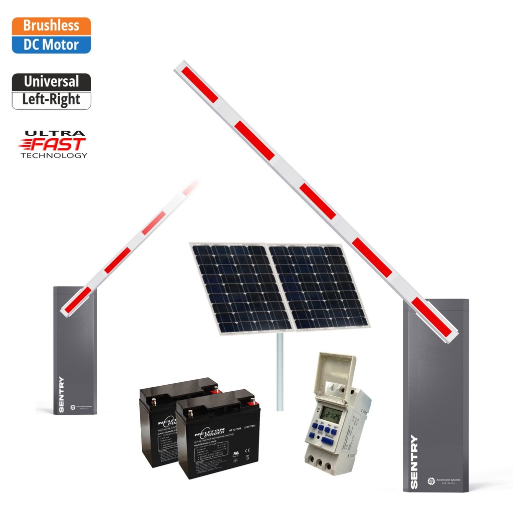 SENTRY Solar Powered BRUSHLESS Low Voltage Automatic Boom Barrier Gate High Duty Cycle Parking Depot Yards Caravan Park offices with Weekly Timer