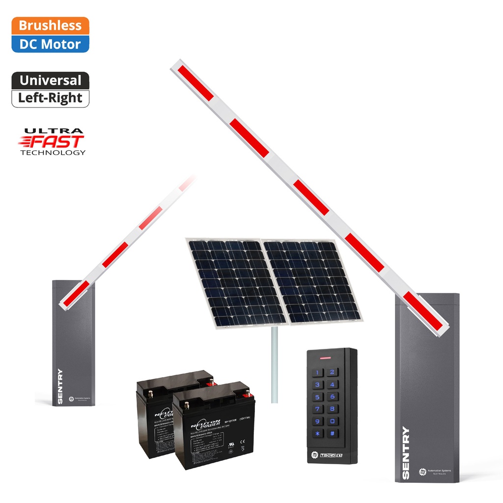 SENTRY Solar Powered BRUSHLESS Low Voltage Automatic Boom Barrier Gate High Duty Cycle Parking Depot Yards Caravan Park offices with Keypad Pin Code