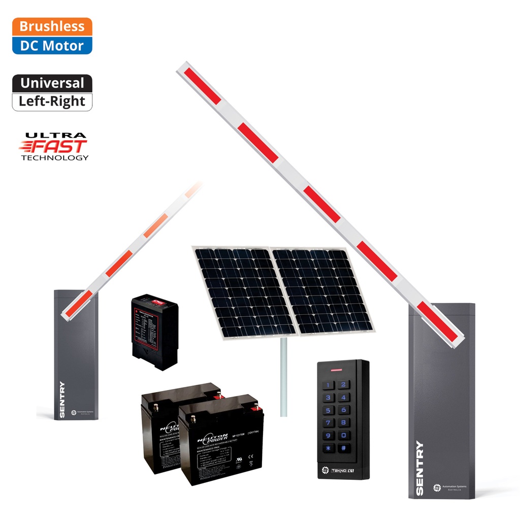 SENTRY Solar Powered BRUSHLESS Low Voltage Automatic Boom Barrier Gate High Duty Cycle Parking Depot Yards Caravan Park offices with Keypad Loop Detector
