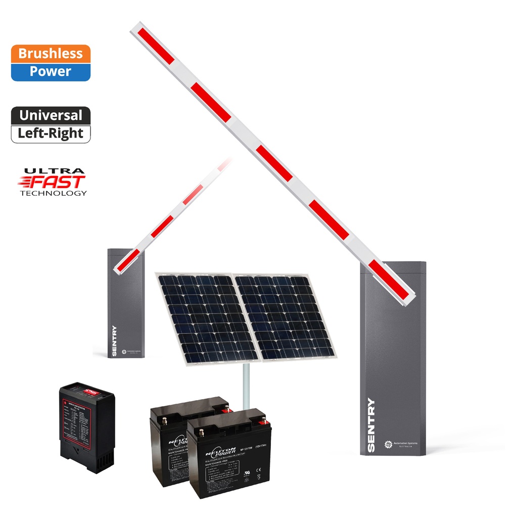 SENTRY Solar BRUSHLESS Low Voltage Automatic Boom Barrier Gate High Duty Cycle Suitable for Parking Depot Yards Caravan Park offices with Loop Detector