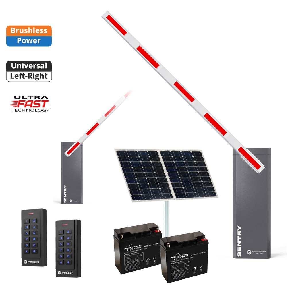 SENTRY Solar Powered BRUSHLESS Low Voltage Automatic Boom Barrier Gate High Duty Cycle Depot Yards Caravan Park offices with TWO Keypads Entry Exit