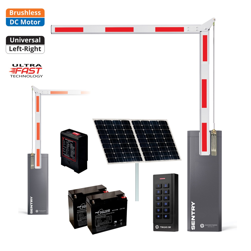 SENTRY Solar Powered BRUSHLESS Low Voltage Automatic Folding 90 Degree Boom Barrier Gate High Duty Cycle parking underground garage offices low Clearance