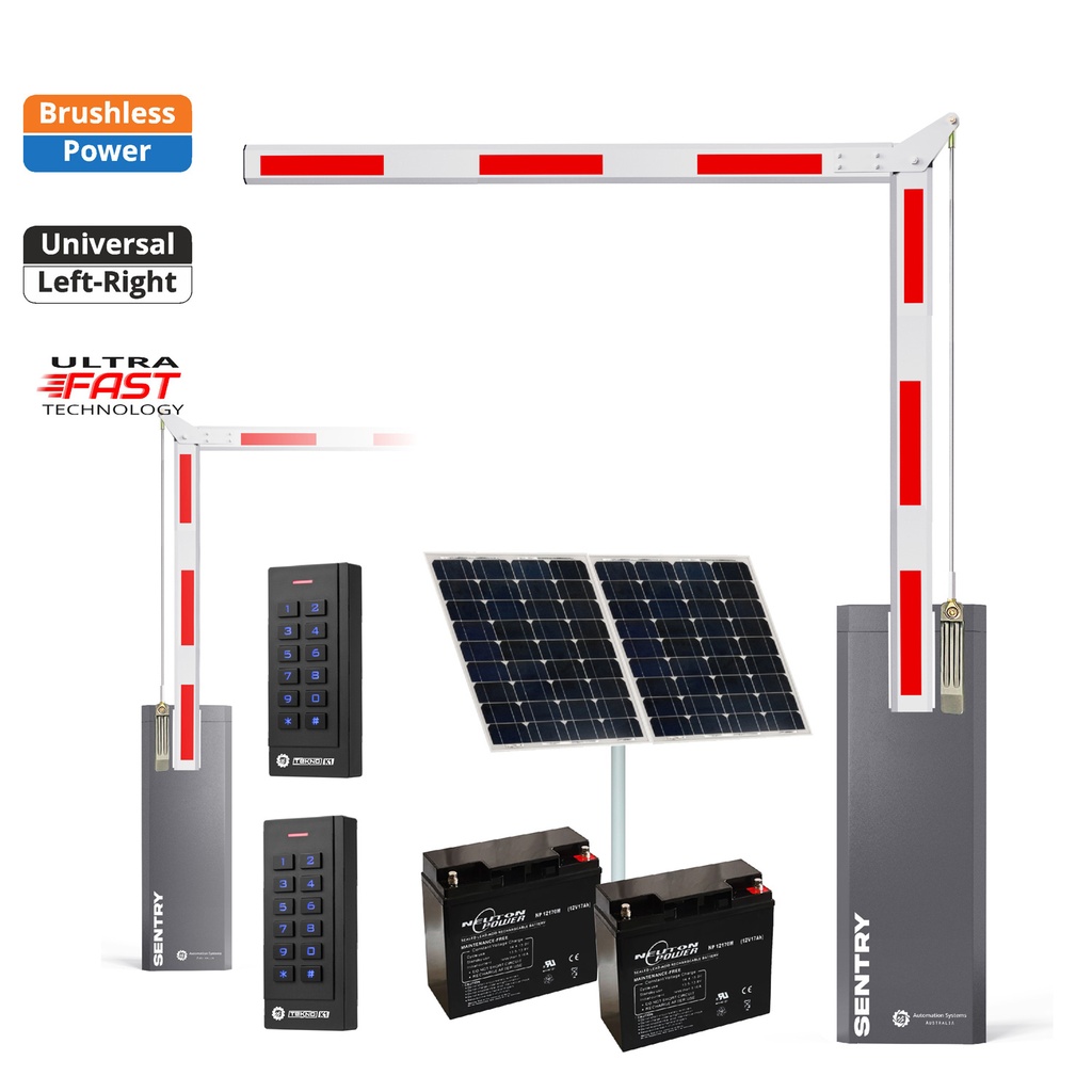 SENTRY Solar Powered BRUSHLESS 90 Degree Boom Barrier Gate High Duty Cycle parking underground garage offices low clearance with TWO Keypads Entry Exit