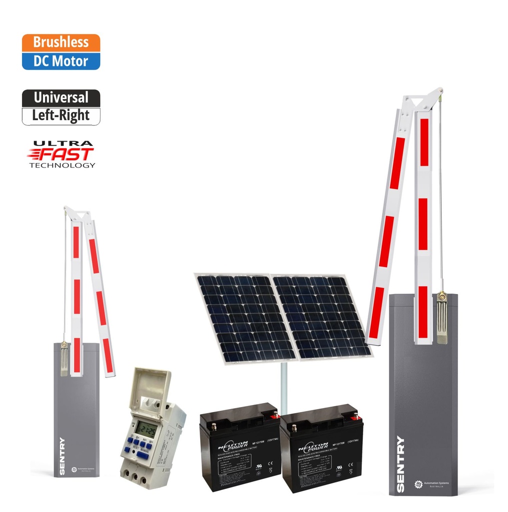 SENTRY Solar Powered BRUSHLESS Low Voltage Automatic Folding 180 Degree Boom Barrier Gate underground garage offices low clearance with Weekly Timer