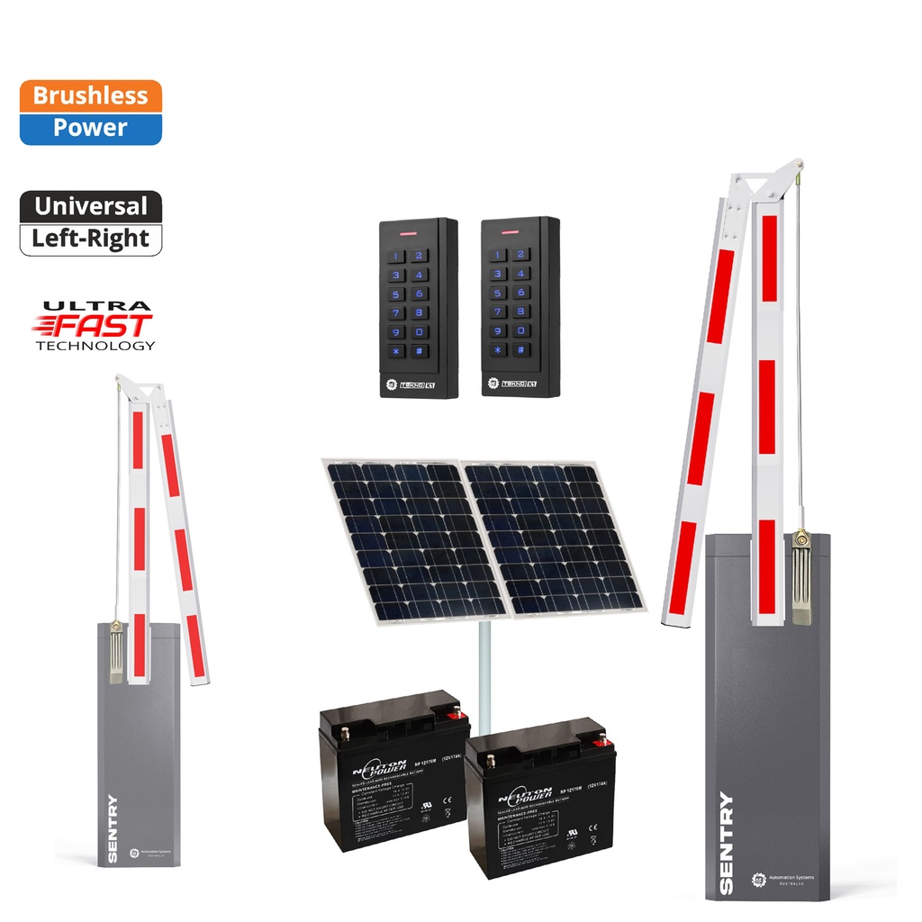 SENTRY Solar Powered BRUSHLESS Low Voltage Automatic Folding 180 Degree Boom Barrier Gate parking underground low clearance with TWO Keypads Entry Exit