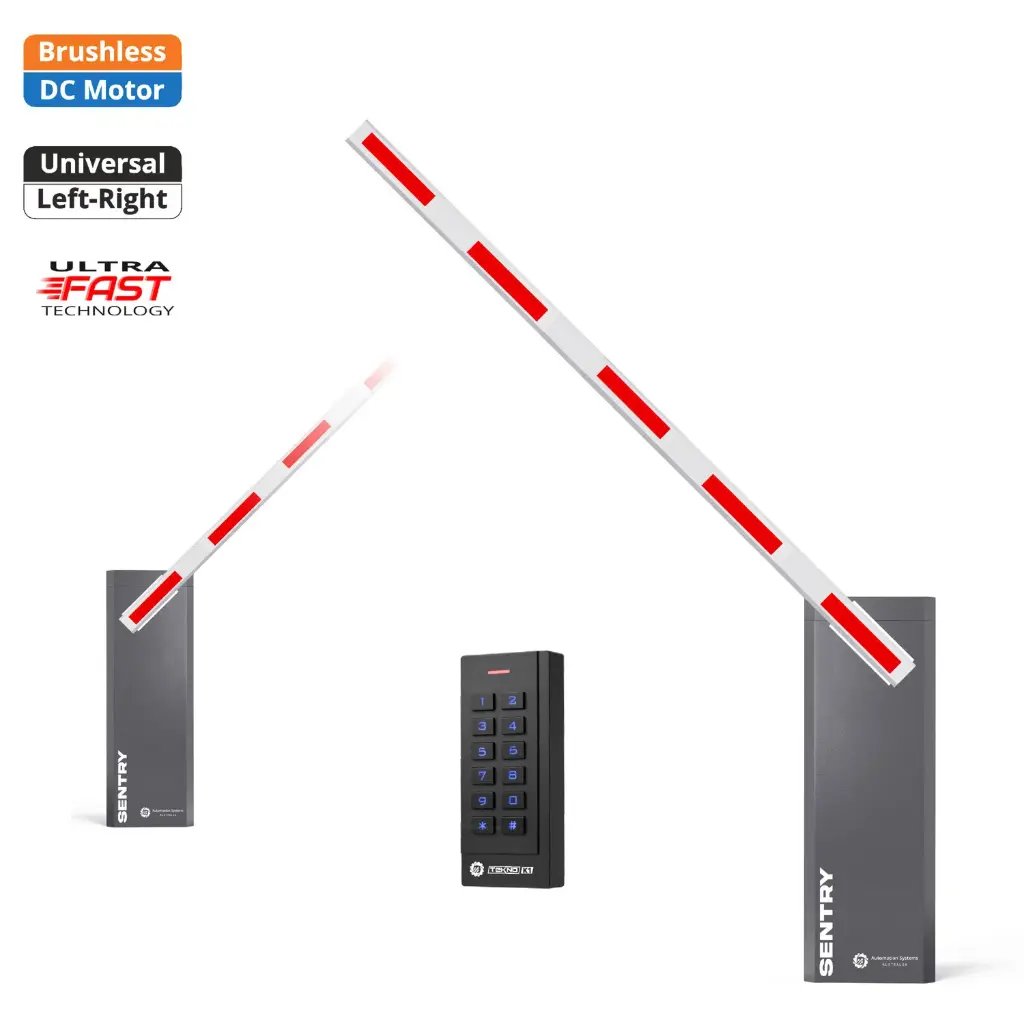 SENTRY BRUSHLESS Electric Automatic Boom Barrier Gate High Duty Cycle Suitable for Parking Depot Yards Caravan Park offices with Keypad Pin Code