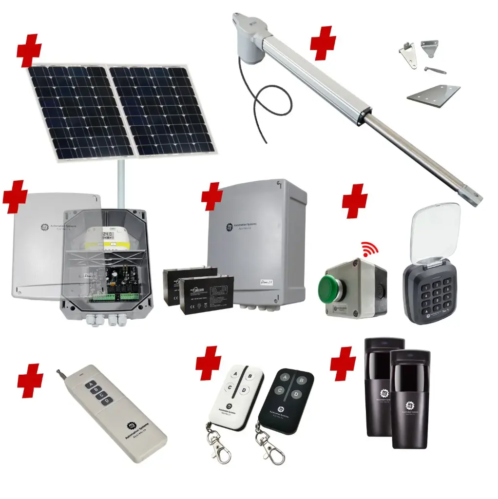Viper 5 Long Stroke ITALIAN Solar Powered Farm Gate 24V Automatic Rural Swing Driveway Gate Opener Solar Powered Kit ROBUST Heavy Duty Design ENTRY KEYPAD and EXIT BUTTON KIT 