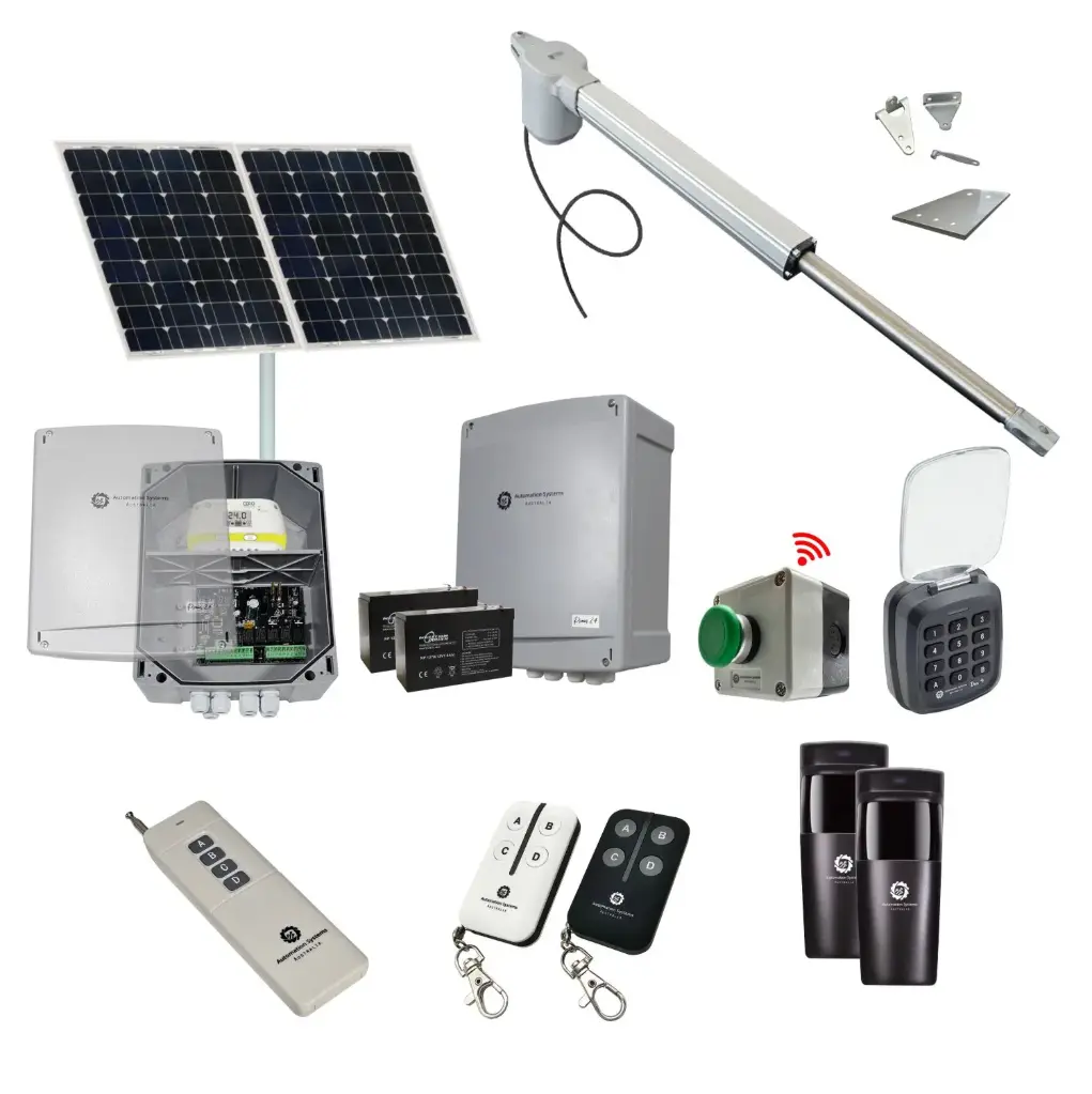Viper 5 Long Stroke ITALIAN Solar Powered Farm Gate 24V Automatic Rural Swing Driveway Gate Opener Solar Powered Kit ROBUST Heavy Duty Design ENTRY KEYPAD and EXIT BUTTON KIT 