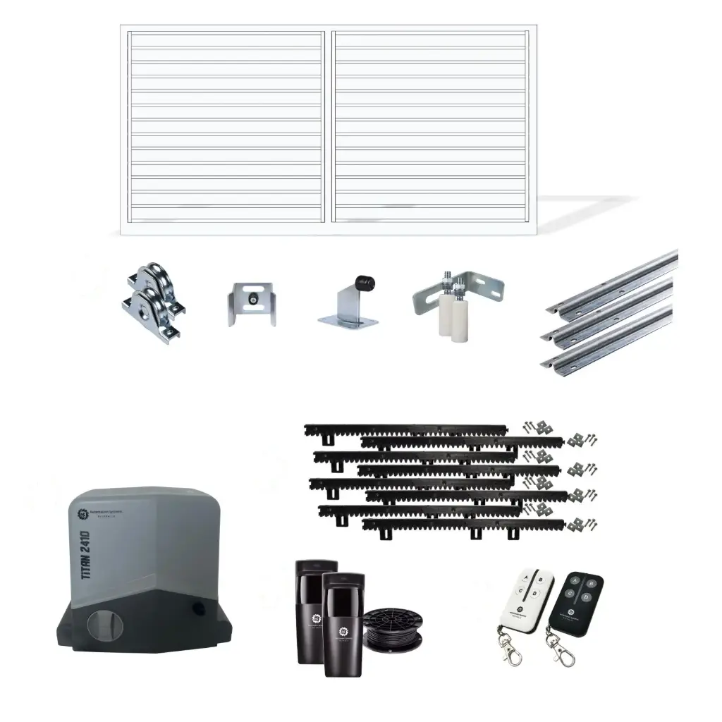 Up to 4200mm / 4.2m Opening (1200mm H) 4.6×1.2m Horizontal Slat Sliding Driveway Gate Package (Pearl Gloss White Powder Coat) with extra heavy duty 24v sliding gate motor