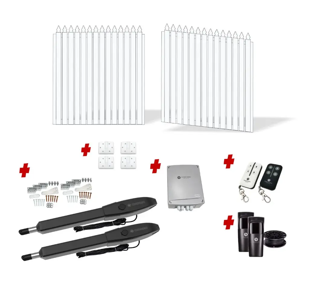 3600mm Double Swing Driveway Gates Opening (1300mm H) 3.6×1.3m Aluminum Picket Gate + Hinges (Pearl Gloss White Powder Coat) with Double Swing automatic gate motor