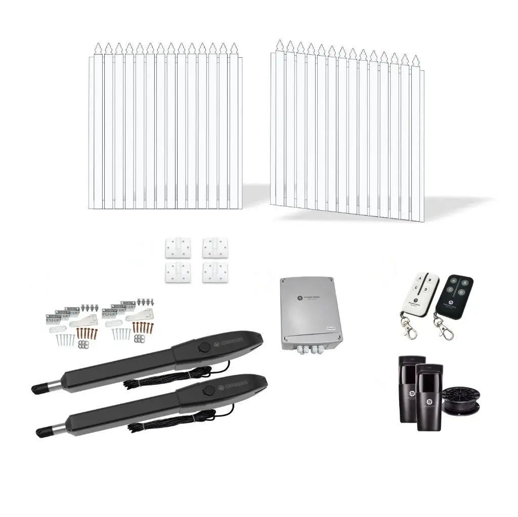 4200mm Double Swing Driveway Gates Opening (1300mm H) 4.2×1.3m Aluminum Picket Gate + Hinges (Pearl Gloss White Powder Coat) with Double Swing automatic gate motor