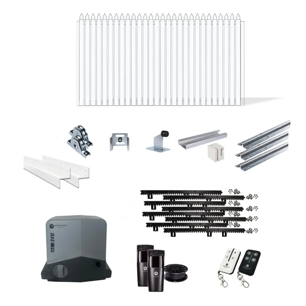 Up to 3600mm / 3.6m Opening (1300mm H) 4.17×1.3m Aluminum Picket Sliding Driveway Gate Package (Pearl Gloss White Powder Coat) with extra heavy duty 24v sliding gate motor