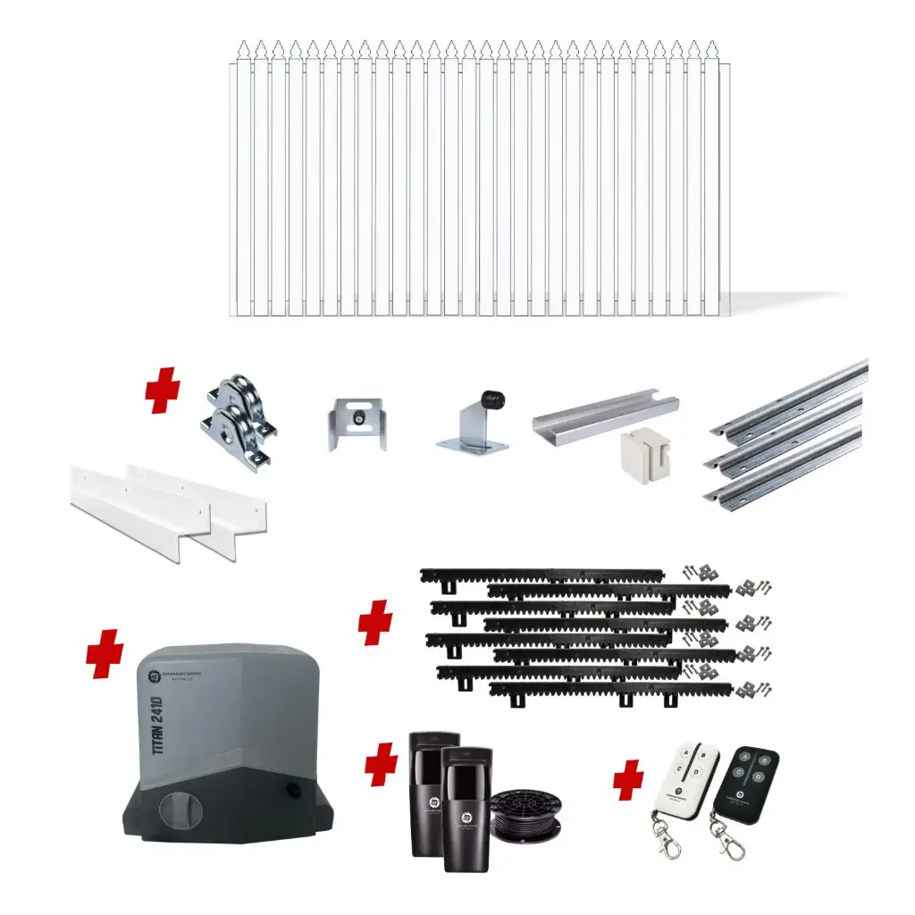 Up to 4200mm / 4.2m Opening (1600mm H) 4.6×1.6m Aluminum Picket Sliding Driveway Gate Package (Pearl Gloss White Powder Coat) with extra heavy duty 24v sliding gate motor