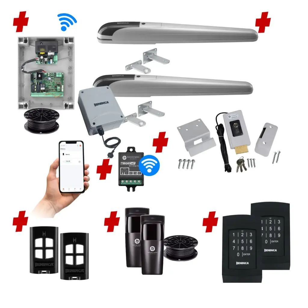 BOB 5 High Thrust Long Stroke ITALIAN Low Voltage 24V Automatic Double Swing Driveway Gate Opener 24 Volt Kit with Wifi Mobile App Control and Keypad Entry Exit
