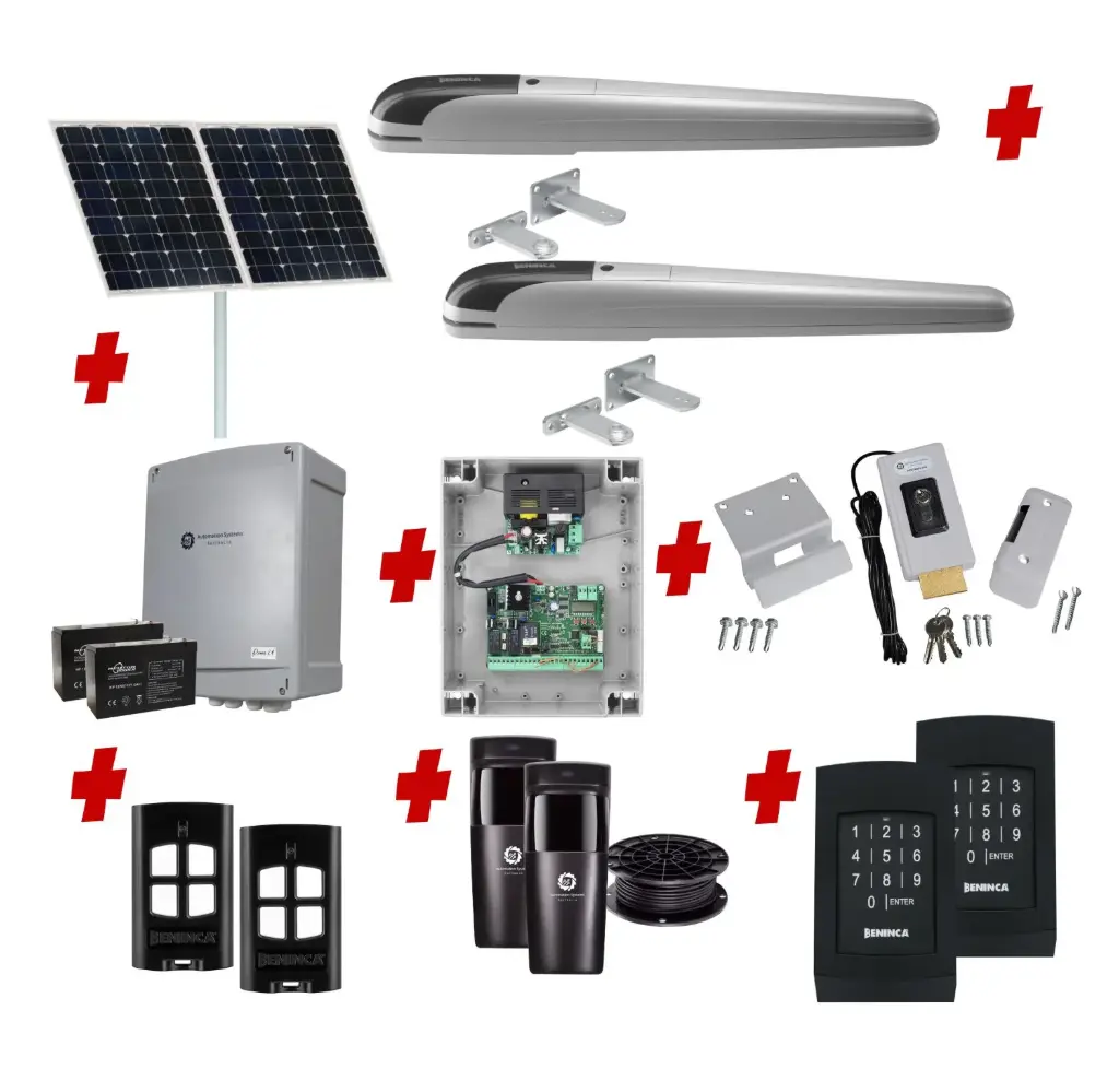 BOB 5 High Thrust Long Stroke ITALIAN Solar Powered Automatic Double Swing Driveway Gate Opener 24 Volt Kit ROBUST Heavy Duty Design with TWO Keypads Entry Exit