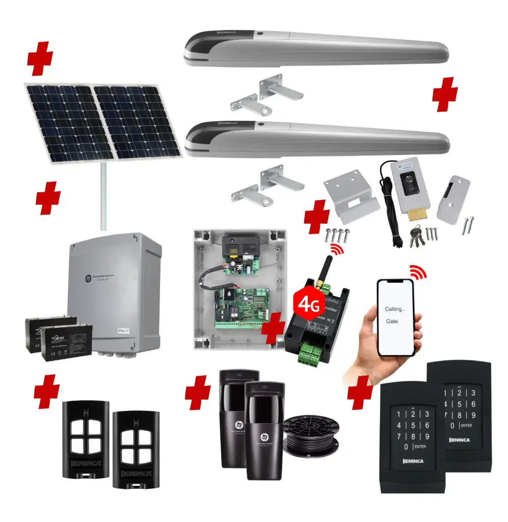 BOB 5 High Thrust Long Stroke ITALIAN Solar Powered Automatic Double Swing Driveway Gate Opener 24 Volt Kit ROBUST Heavy Duty Design with Wifi Mobile App Control and Keypad Entry 