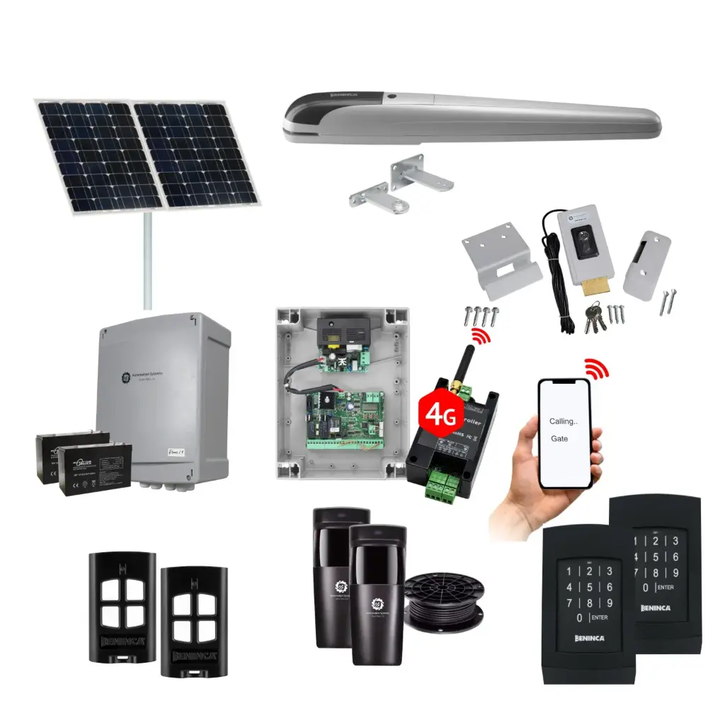BOB 5 High Thrust Long Stroke ITALIAN Solar Powered Automatic Swing Driveway Gate Opener 24 Volt Kit ROBUST Heavy Duty Design with Wifi Mobile App Control and Keypad Entry Exit 