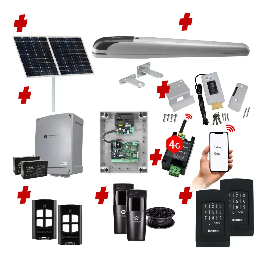 BOB 5 High Thrust Long Stroke ITALIAN Solar Powered Automatic Swing Driveway Gate Opener 24 Volt Kit ROBUST Heavy Duty Design with Wifi Mobile App Control and Keypad Entry Exit 