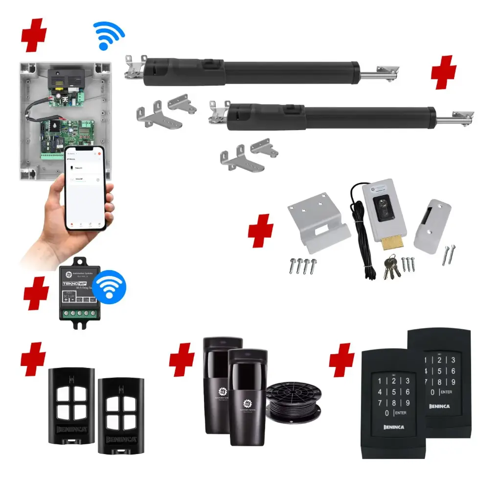 TOM 5 Telescopic Long Stroke ITALIAN Electric 24V Low Voltage Automatic Double Swing Driveway Gate Opener Kit ROBUST Heavy Duty Design with TWO Keypads Entry Exit 