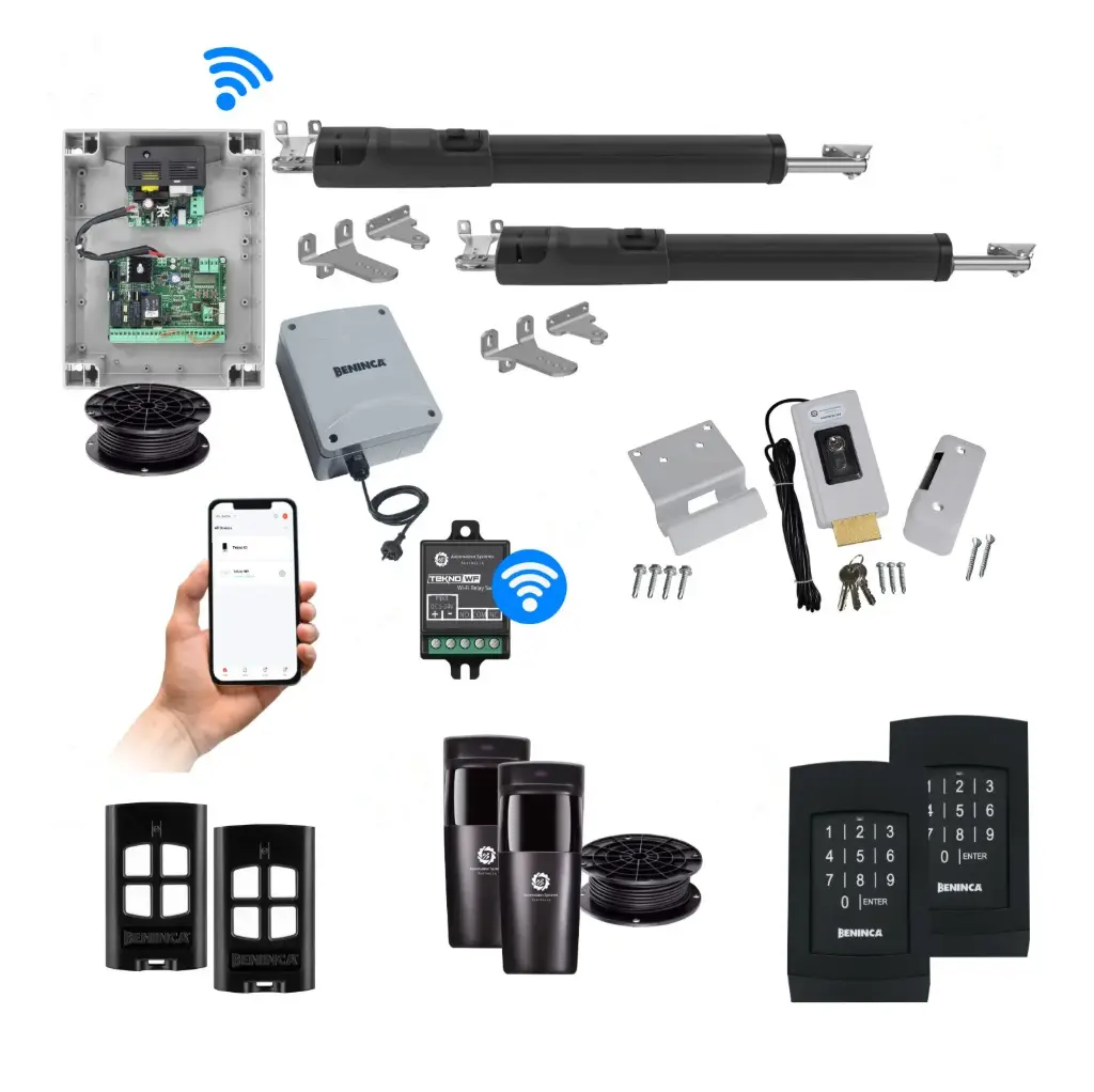 TOM 5 Telescopic Long Stroke ITALIAN Low Voltage 24V Automatic Double Swing Driveway Gate Opener 24 Volt Kit with Wifi Mobile App Control and Keypad Entry Exit