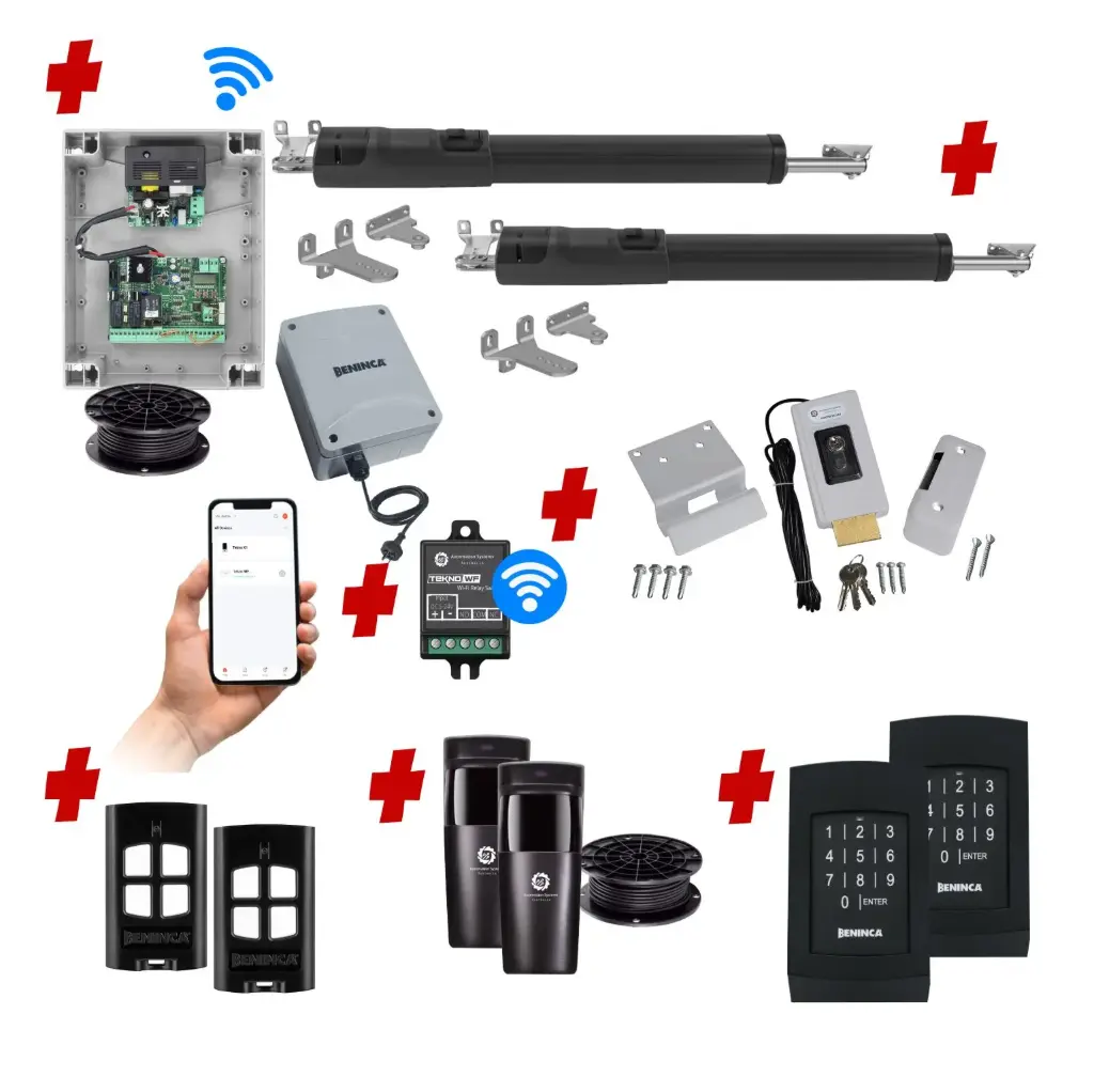 TOM 5 Telescopic Long Stroke ITALIAN Low Voltage 24V Automatic Double Swing Driveway Gate Opener 24 Volt Kit with Wifi Mobile App Control and Keypad Entry Exit