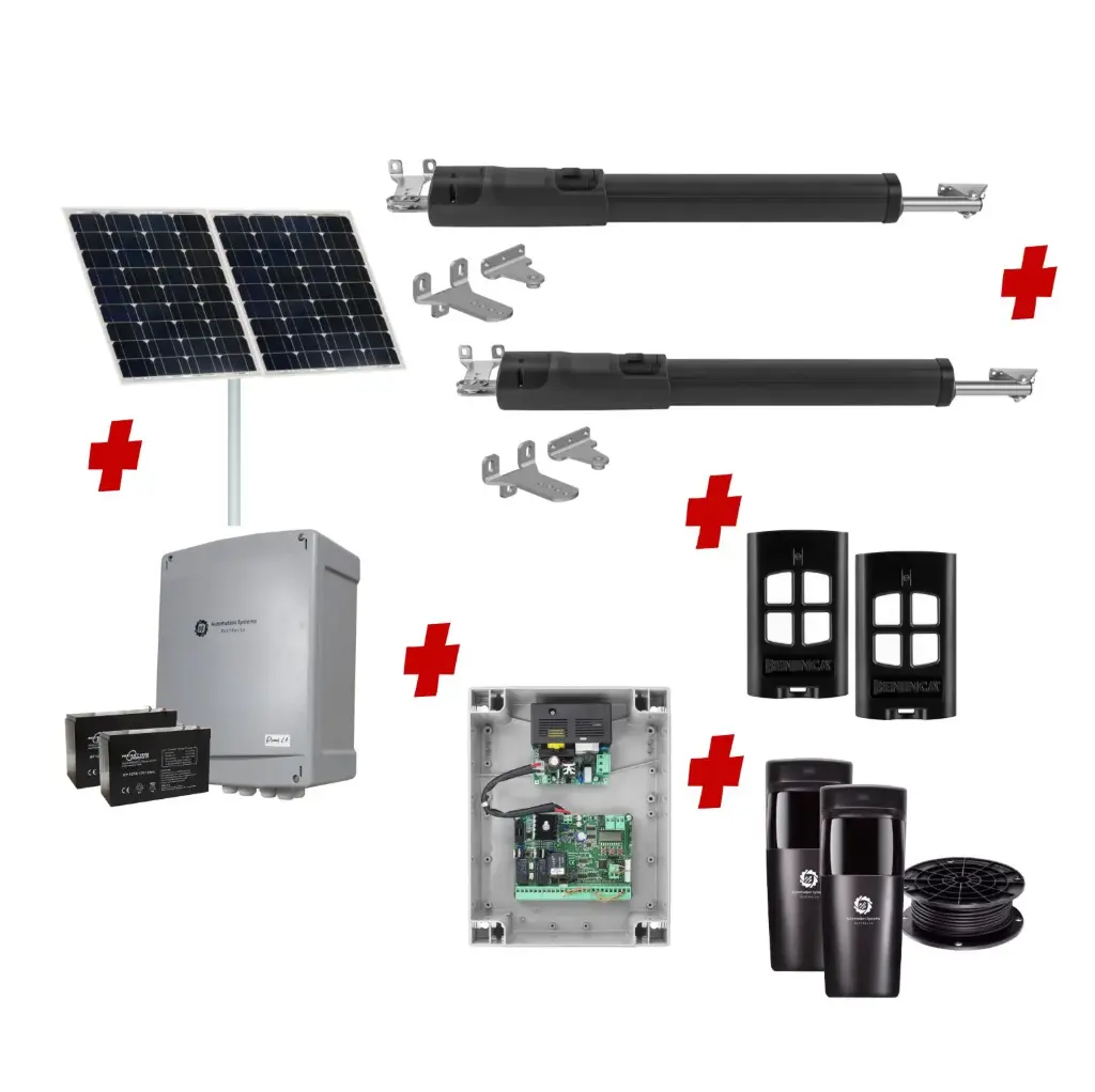 TOM 5 Telescopic Long Stroke ITALIAN Solar Powered Automatic Double Swing Driveway Gate Opener 24 Volt Kit ROBUST Heavy Duty Design for Trade Installers