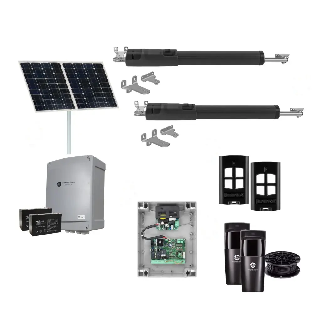 TOM 5 Telescopic Long Stroke ITALIAN Solar Powered Automatic Double Swing Driveway Gate Opener 24 Volt Kit ROBUST Heavy Duty Design for Trade Installers