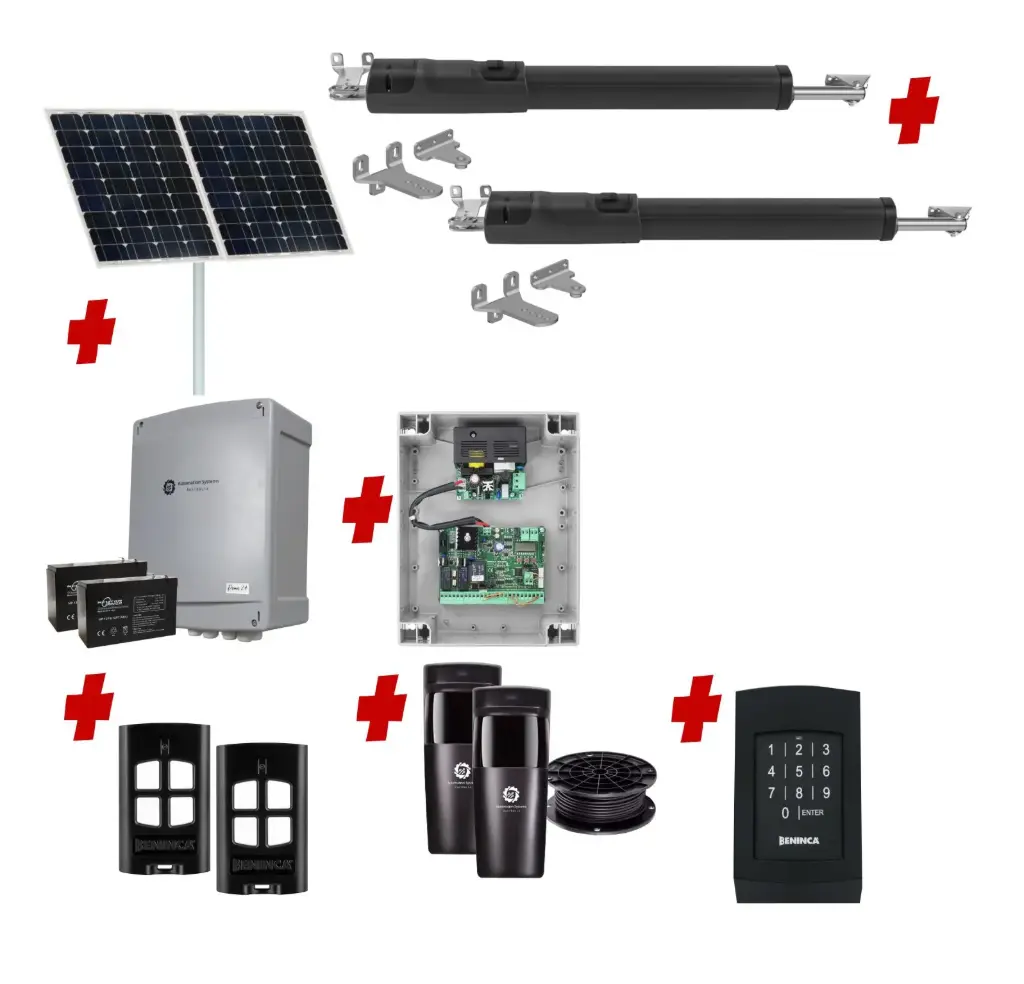 TOM 5 Telescopic Long Stroke ITALIAN Solar Powered Automatic Double Swing Driveway Gate Opener 24 Volt Kit ROBUST Heavy Duty Design with Keypad Pin Code