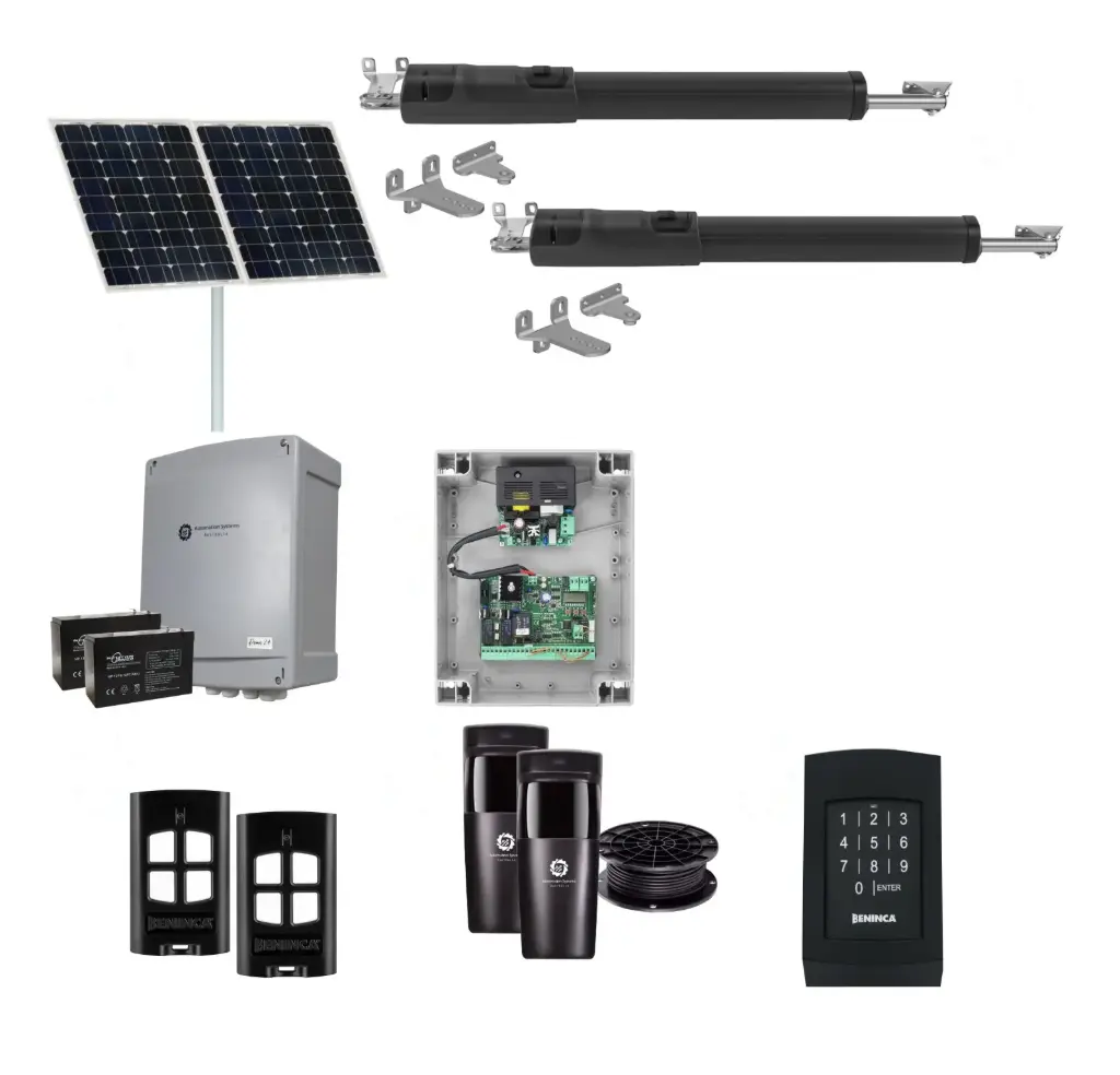 TOM 5 Telescopic Long Stroke ITALIAN Solar Powered Automatic Double Swing Driveway Gate Opener 24 Volt Kit ROBUST Heavy Duty Design with Keypad Pin Code