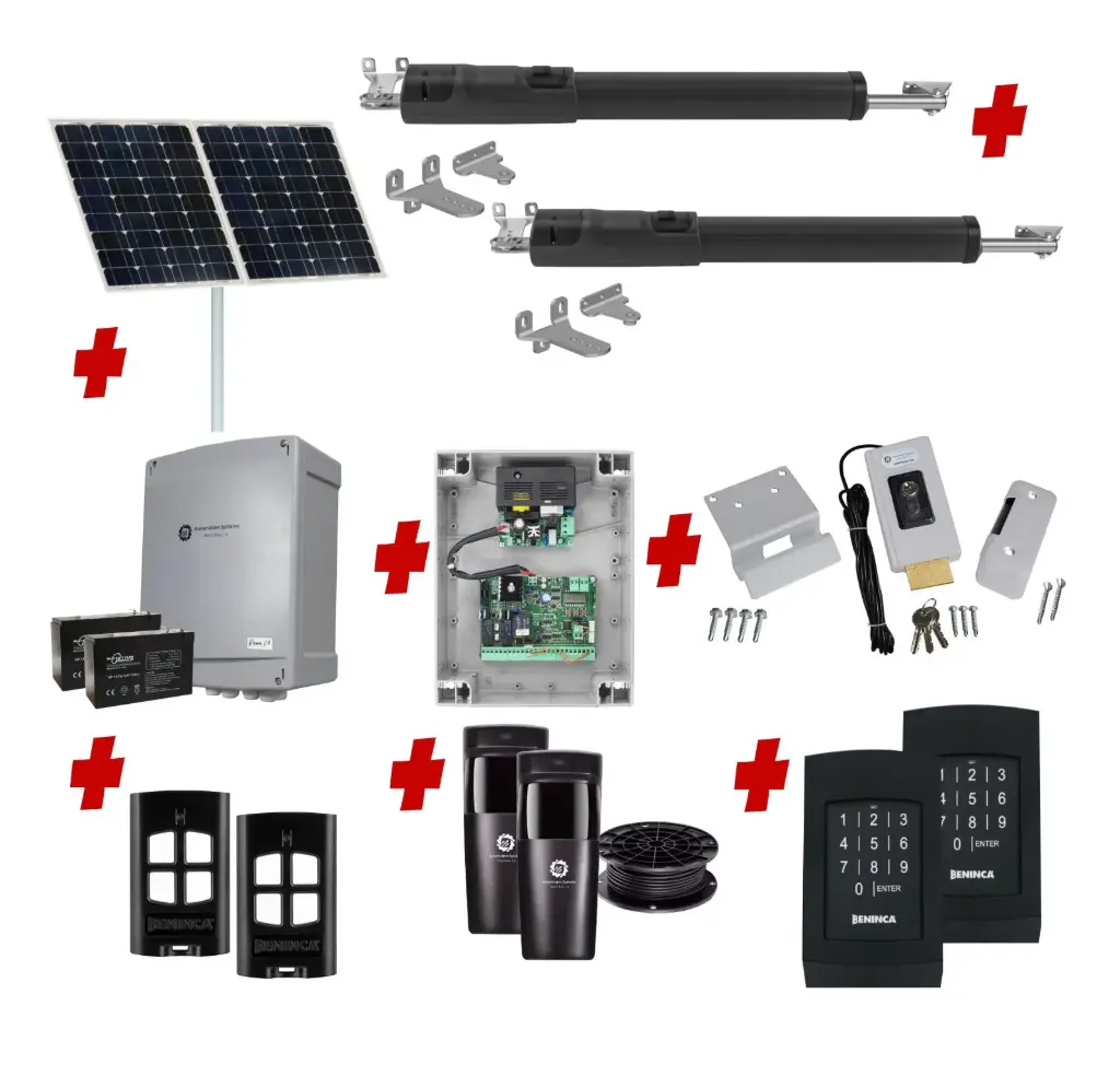 TOM 5 Telescopic Long Stroke ITALIAN Solar Powered Automatic Double Swing Driveway Gate Opener 24 Volt Kit ROBUST Heavy Duty Design with TWO Keypads Entry Exit