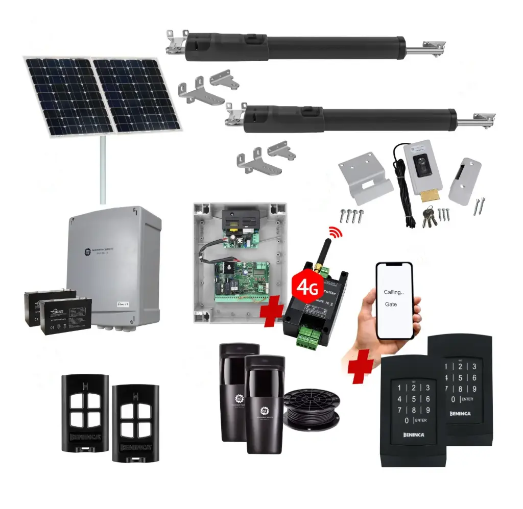 TOM 5 Telescopic Long Stroke ITALIAN Solar Powered Automatic Double Swing Driveway Gate Opener 24 Volt Kit ROBUST Heavy Duty Design with Wifi Mobile App Control and Keypad Entry