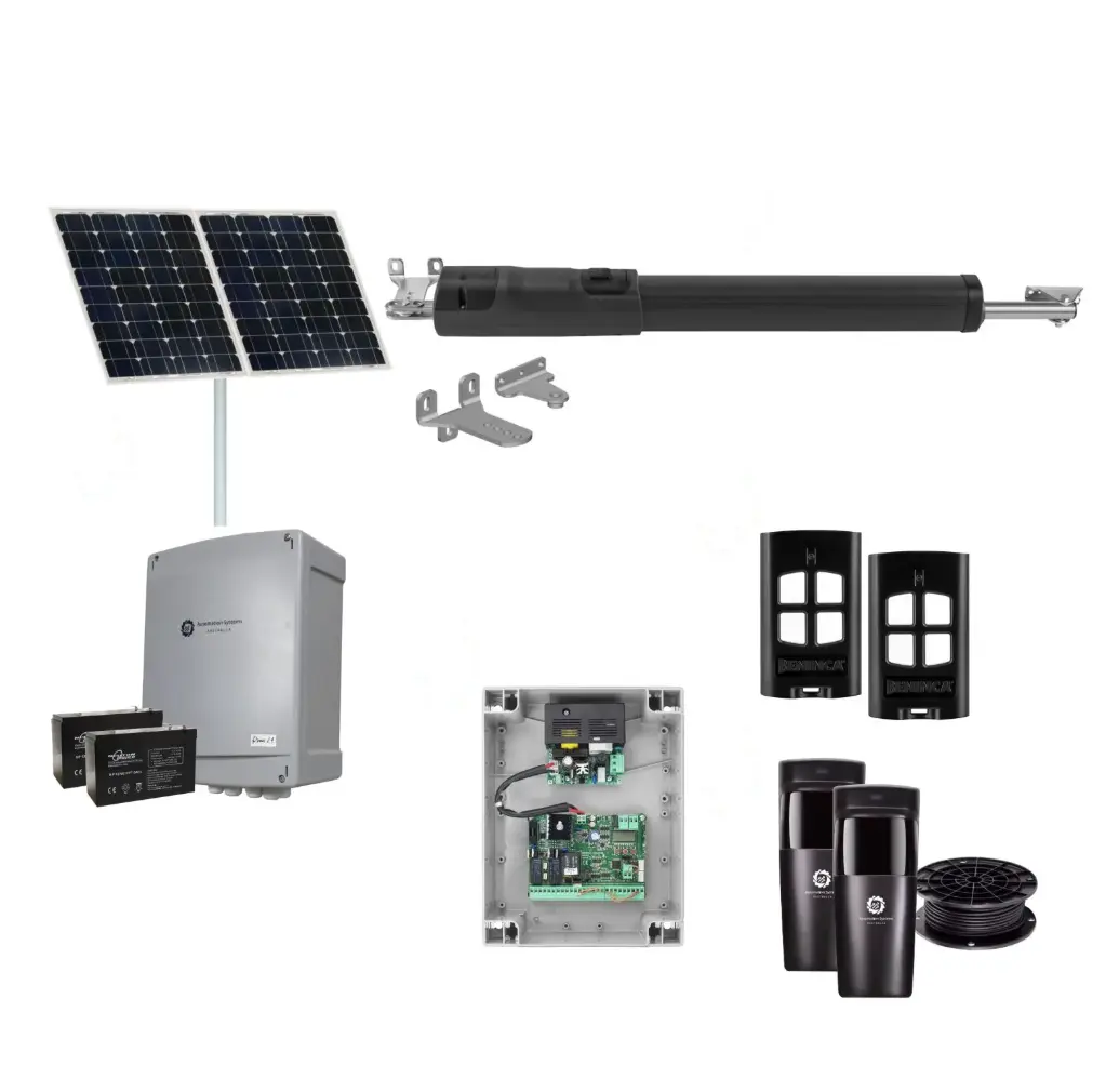 TOM 5 Telescopic Long Stroke ITALIAN Solar Powered Automatic Swing Driveway Gate Opener 24 Volt Kit ROBUST Heavy Duty Design for Trade Installers