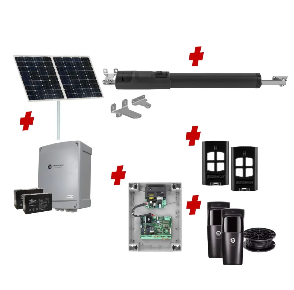 TOM 5 Telescopic Long Stroke ITALIAN Solar Powered Automatic Swing Driveway Gate Opener 24 Volt Kit ROBUST Heavy Duty Design for Trade Installers