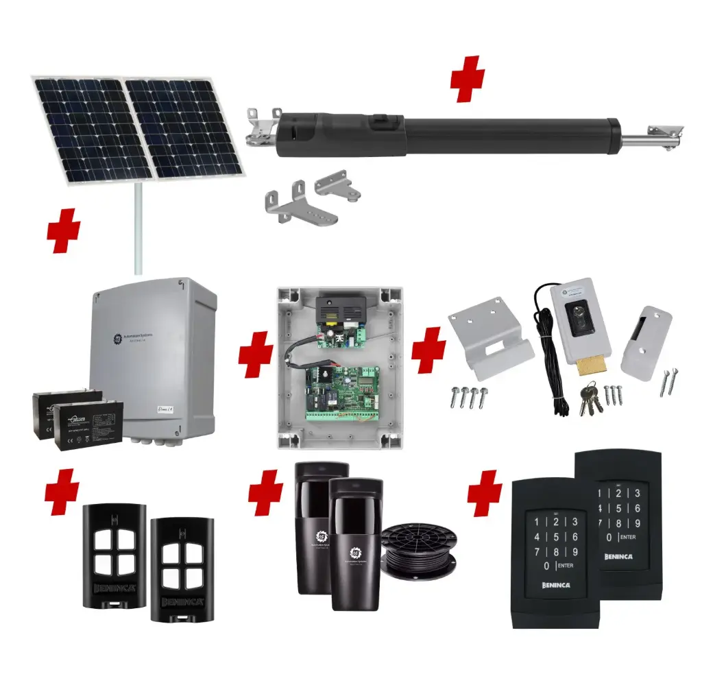 TOM 5 Telescopic Long Stroke ITALIAN Solar Powered Automatic Swing Driveway Gate Opener 24 Volt Kit ROBUST Heavy Duty Design with Keypad Entry Exit
